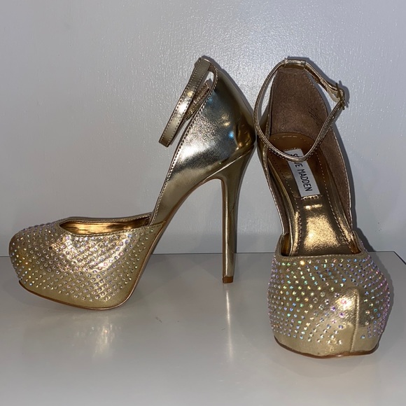 Steve Madden gold platform stilettos with rhinestones. - Picture 2 of 9